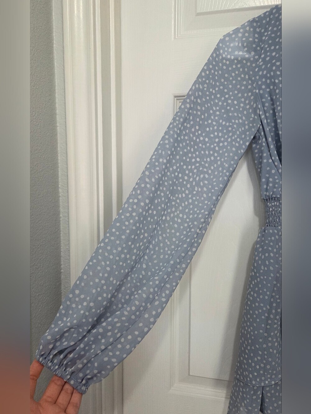 Japna Ruffle Chiffon Polka Dot Blue Romper Long Sleeves V-neck Women’s Size XS - Picture 4 of 9